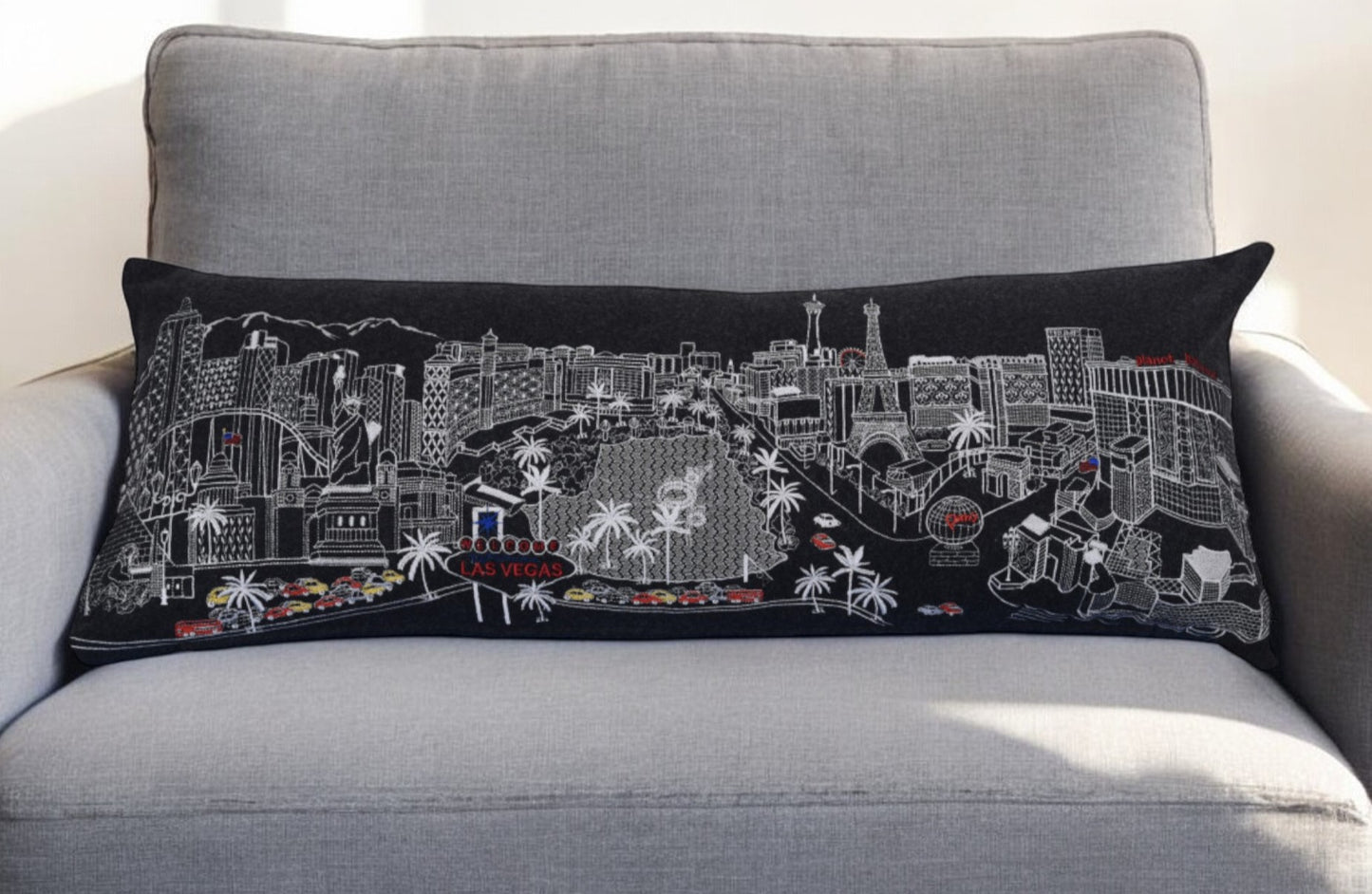 35" Black as Vegas Nighttime Skyline Lumbar Decorative Pillow