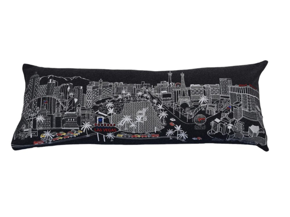 14" X 35" Dark Gray And White Las Vegas Nighttime Skyline Lumbar Decorative Pillow