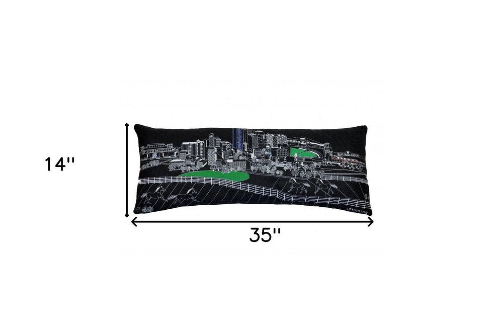14" X 35" Dark Gray And White Lumbar Lexington Hometown Pride Wool Throw Pillow with Embroidery