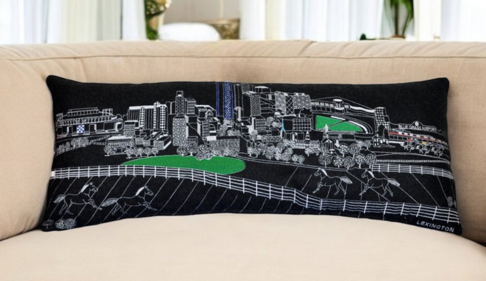 14" X 35" Dark Gray And White Lumbar Lexington Hometown Pride Wool Throw Pillow with Embroidery