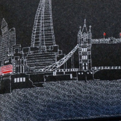 14" X 35" Dark Gray And White London Nighttime Skyline Lumbar Decorative Pillow