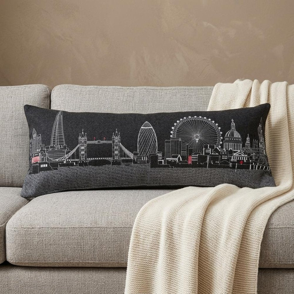 14" X 35" Dark Gray And White London Nighttime Skyline Lumbar Decorative Pillow