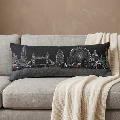 14" X 35" Dark Gray And White London Nighttime Skyline Lumbar Decorative Pillow