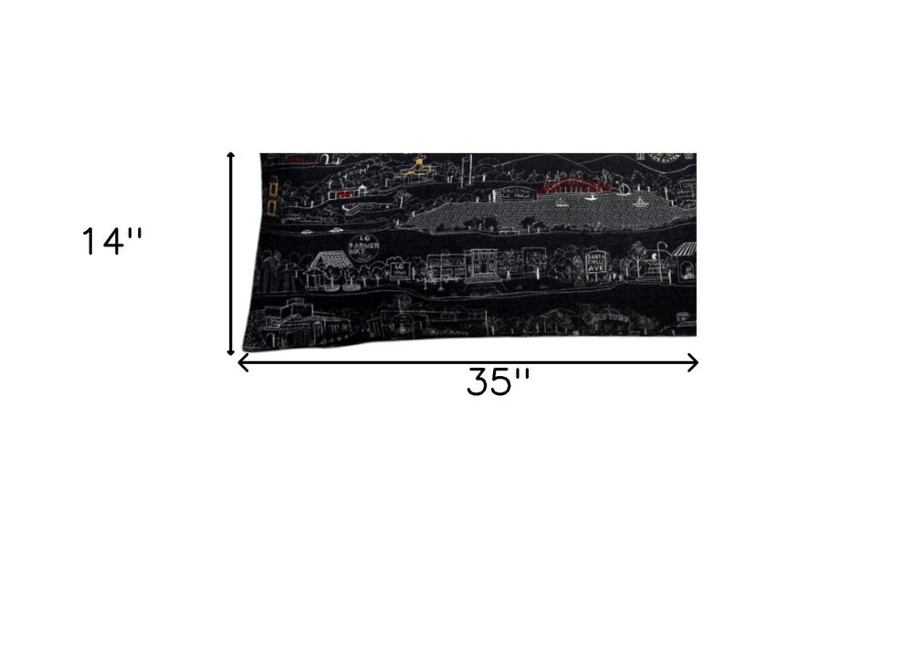14" X 35" Dark Gray And White Los Gatos Nighttime Skyline Lumbar Decorative Pillow