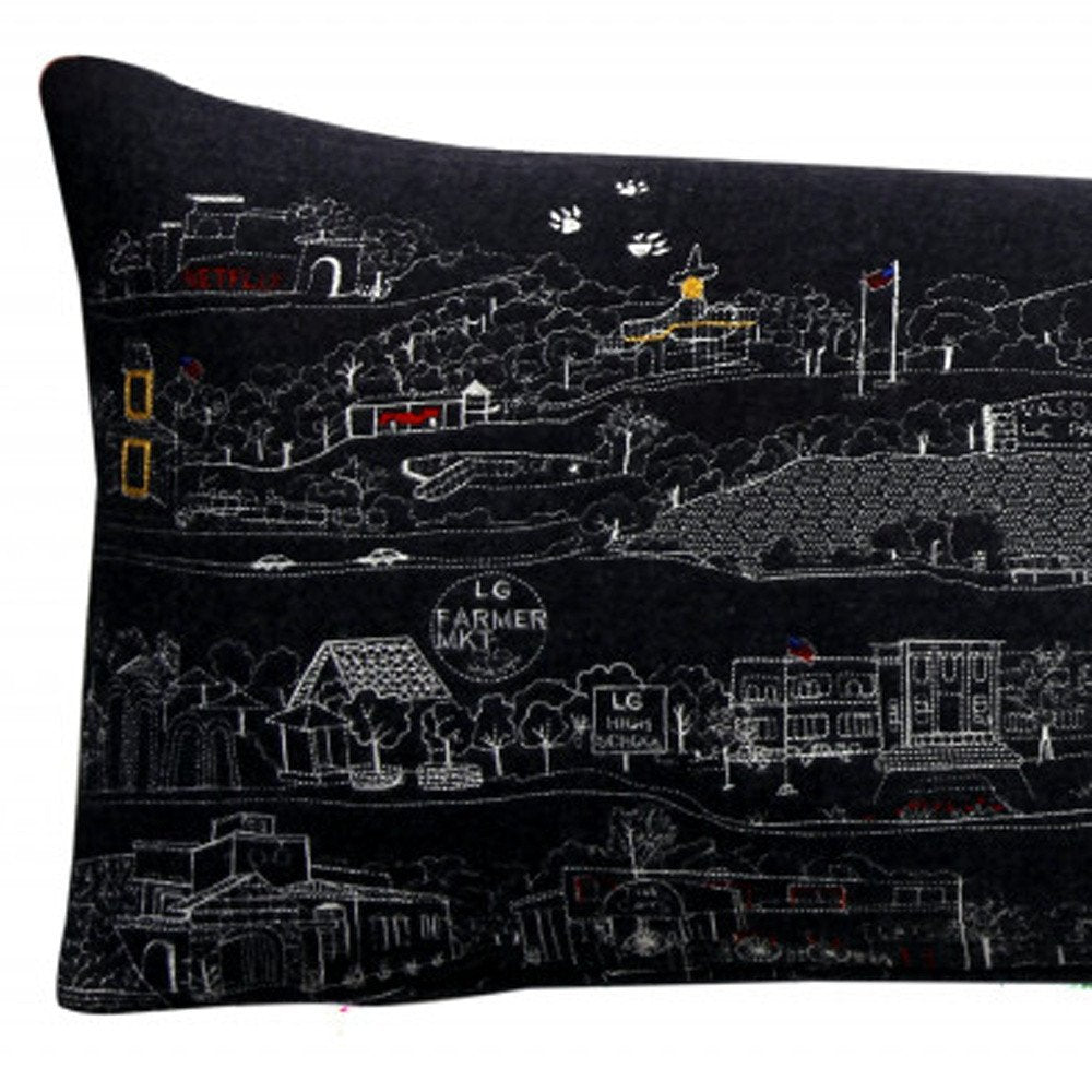 14" X 35" Dark Gray And White Los Gatos Nighttime Skyline Lumbar Decorative Pillow