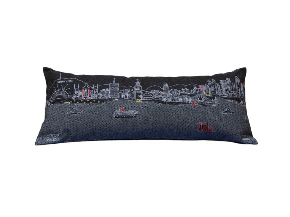 14" X 35" Dark Gray And White Los Angeles Nighttime Skyline Lumbar Decorative Pillow