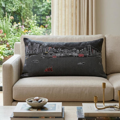 14" X 35" Dark Gray And White Los Angeles Nighttime Skyline Lumbar Decorative Pillow