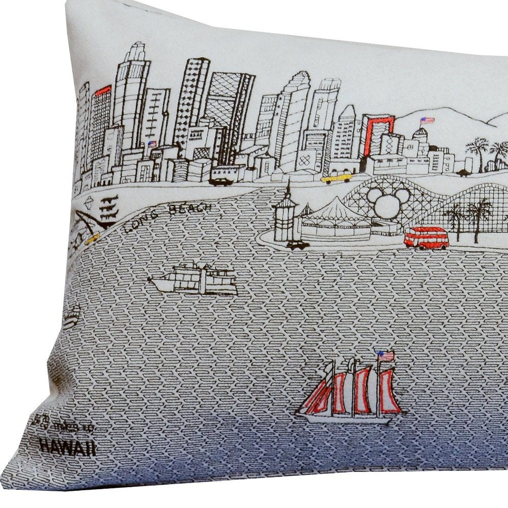 14" X 35" Cream Los Angeles Daylight Skyline Lumbar Decorative Pillow