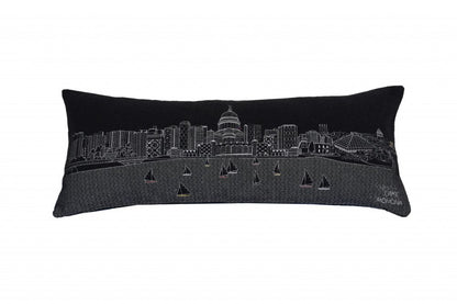 14" X 35" Dark Gray And White Madison Nighttime Skyline Lumbar Decorative Pillow