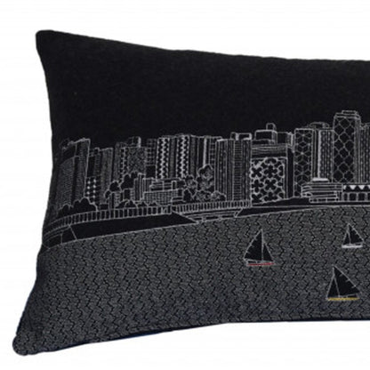 14" X 35" Dark Gray And White Madison Nighttime Skyline Lumbar Decorative Pillow