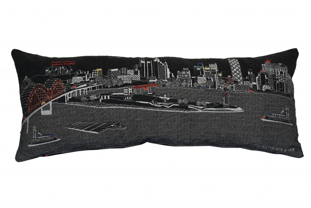 14" X 35" Dark Gray And White Memphis Nighttime Skyline Lumbar Decorative Pillow