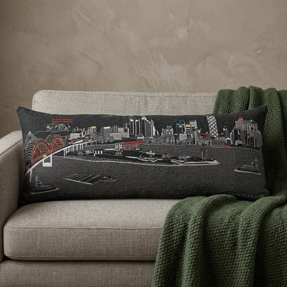 14" X 35" Dark Gray And White Memphis Nighttime Skyline Lumbar Decorative Pillow