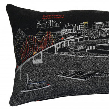 14" X 35" Dark Gray And White Memphis Nighttime Skyline Lumbar Decorative Pillow