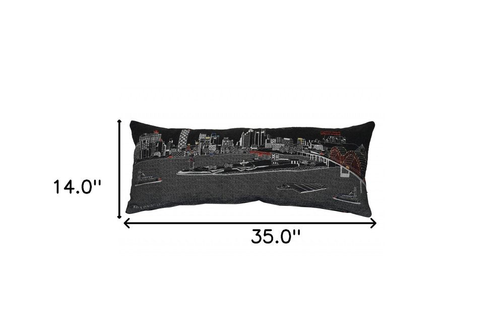 14" X 35" Dark Gray And White Memphis Nighttime Skyline Lumbar Decorative Pillow