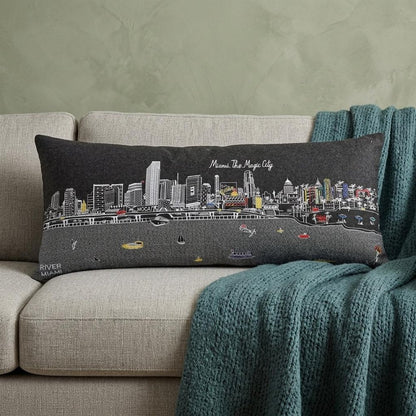 14" X 35" Dark Gray And White Miami Nighttime Skyline Lumbar Decorative Pillow