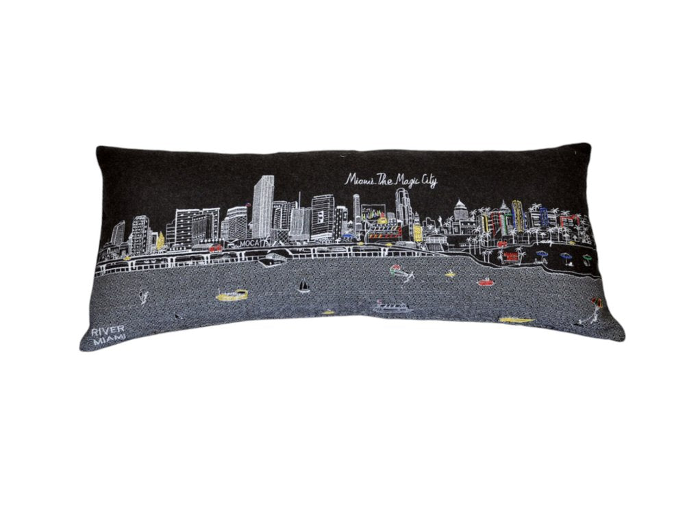 14" X 35" Dark Gray And White Miami Nighttime Skyline Lumbar Decorative Pillow