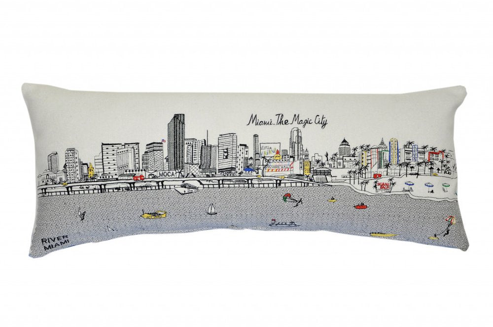14" X 35" Cream Miami Daylight Skyline Lumbar Decorative Pillow