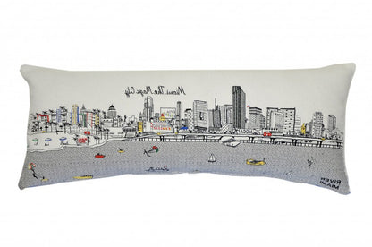 14" X 35" Cream Miami Daylight Skyline Lumbar Decorative Pillow