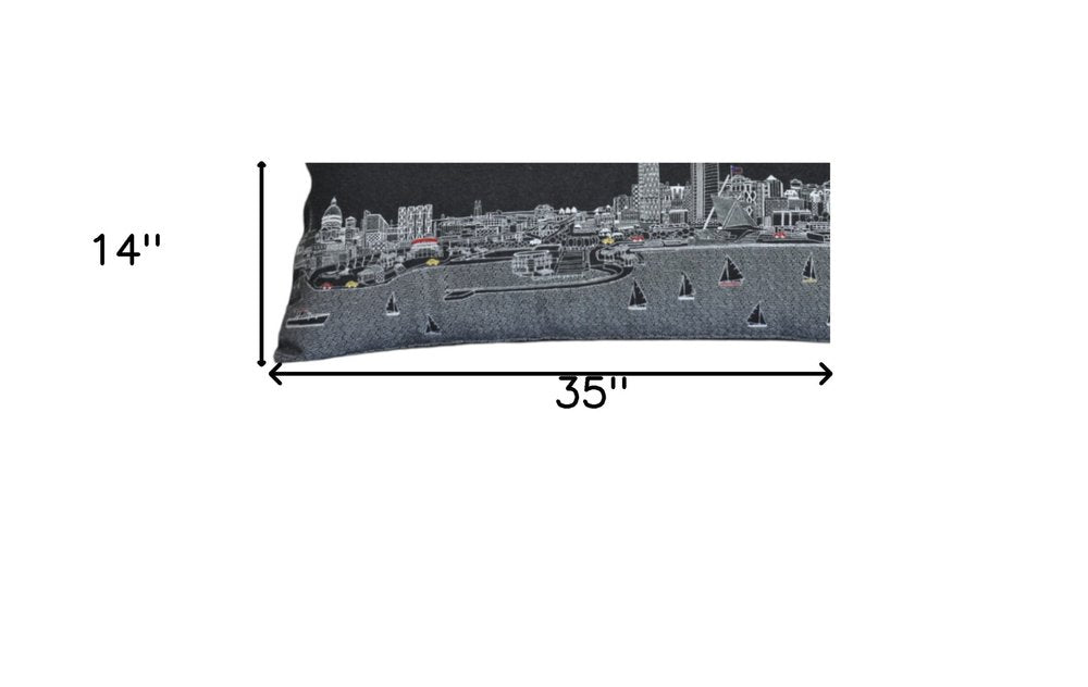 14" X 35" Dark Gray And White Milwaukee Nighttime Skyline Lumbar Decorative Pillow