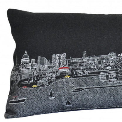 14" X 35" Black Gray and White Hometown Pride Wool Lumbar Throw Pillow