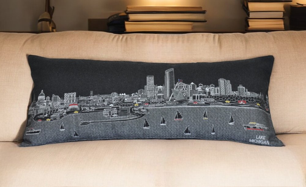 14" X 35" Black Gray and White Hometown Pride Wool Lumbar Throw Pillow