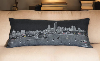 14" X 35" Black Gray and White Hometown Pride Wool Lumbar Throw Pillow