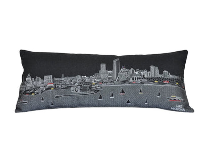 14" X 35" Dark Gray And White Milwaukee Nighttime Skyline Lumbar Decorative Pillow