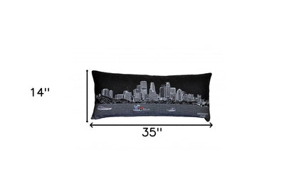 14" X 35" Dark Gray And White Minneapolis Nighttime Skyline Lumbar Decorative Pillow