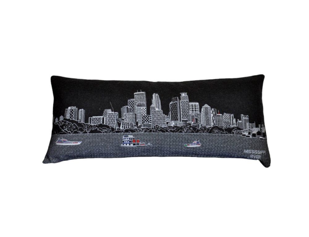 14" X 35" Dark Gray And White Minneapolis Nighttime Skyline Lumbar Decorative Pillow