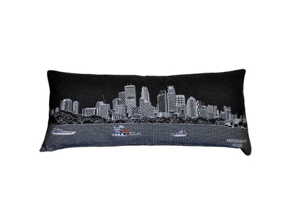 14" X 35" Dark Gray And White Minneapolis Nighttime Skyline Lumbar Decorative Pillow