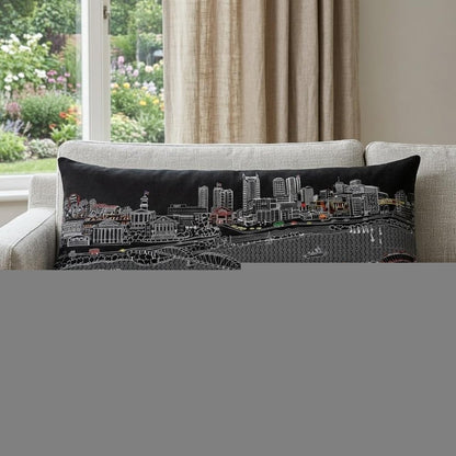 14" X 35" Dark Gray And White Nashville Nighttime Skyline Lumbar Decorative Pillow