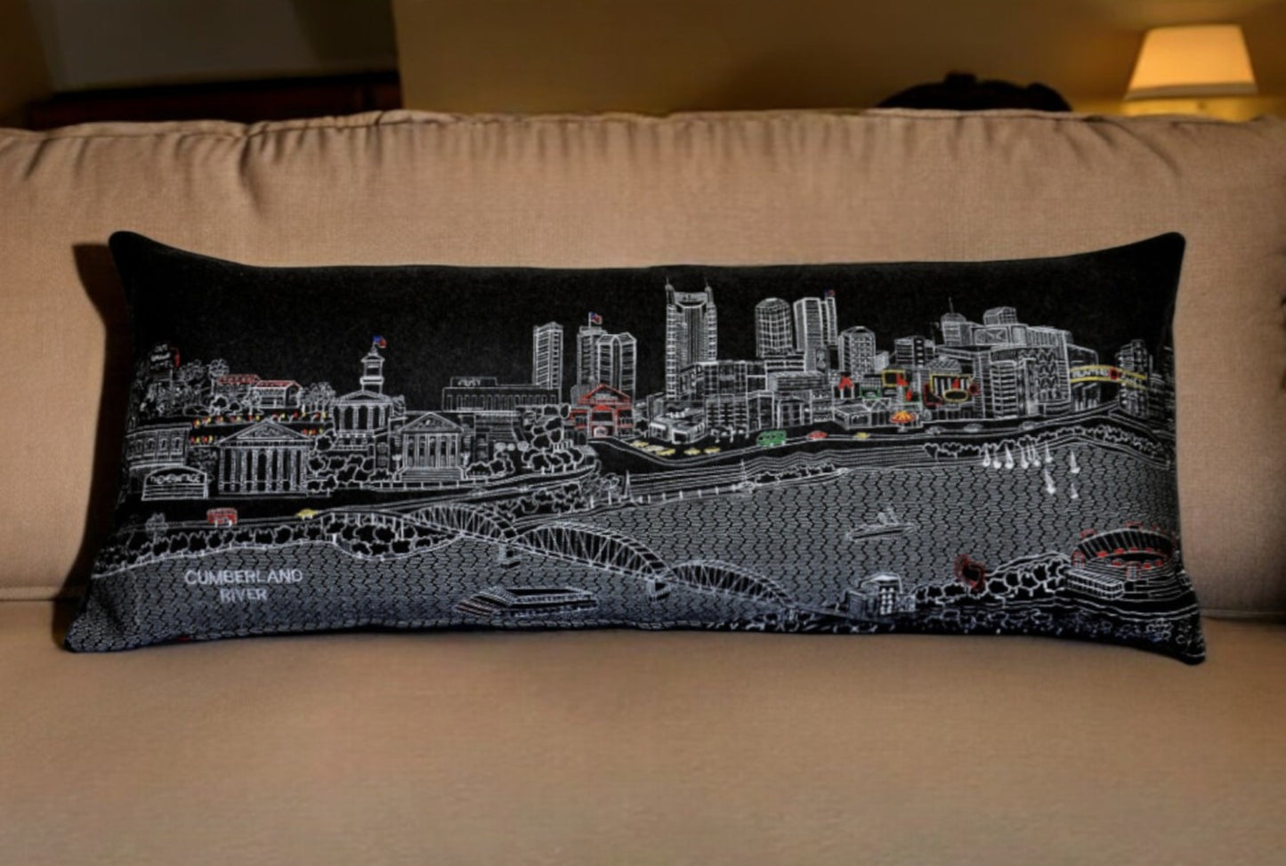 35" Black Nashville Nighttime Skyline Lumbar Decorative Pillow