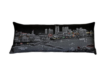14" X 35" Dark Gray And White Nashville Nighttime Skyline Lumbar Decorative Pillow
