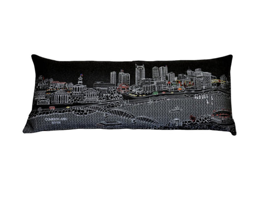 14" X 35" Dark Gray And White Nashville Nighttime Skyline Lumbar Decorative Pillow