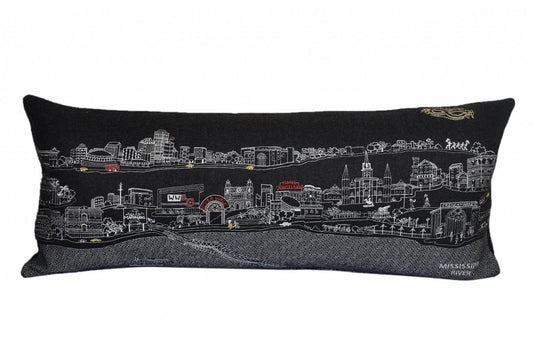 14" X 35" Dark Gray And White New Orleans Nighttime Skyline Lumbar Decorative Pillow