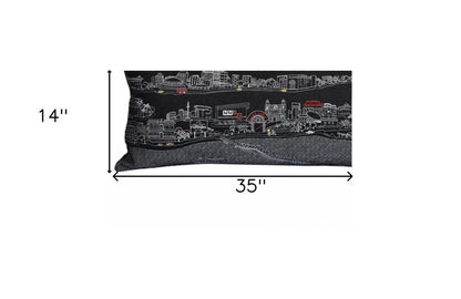 14" X 35" Dark Gray And White New Orleans Nighttime Skyline Lumbar Decorative Pillow