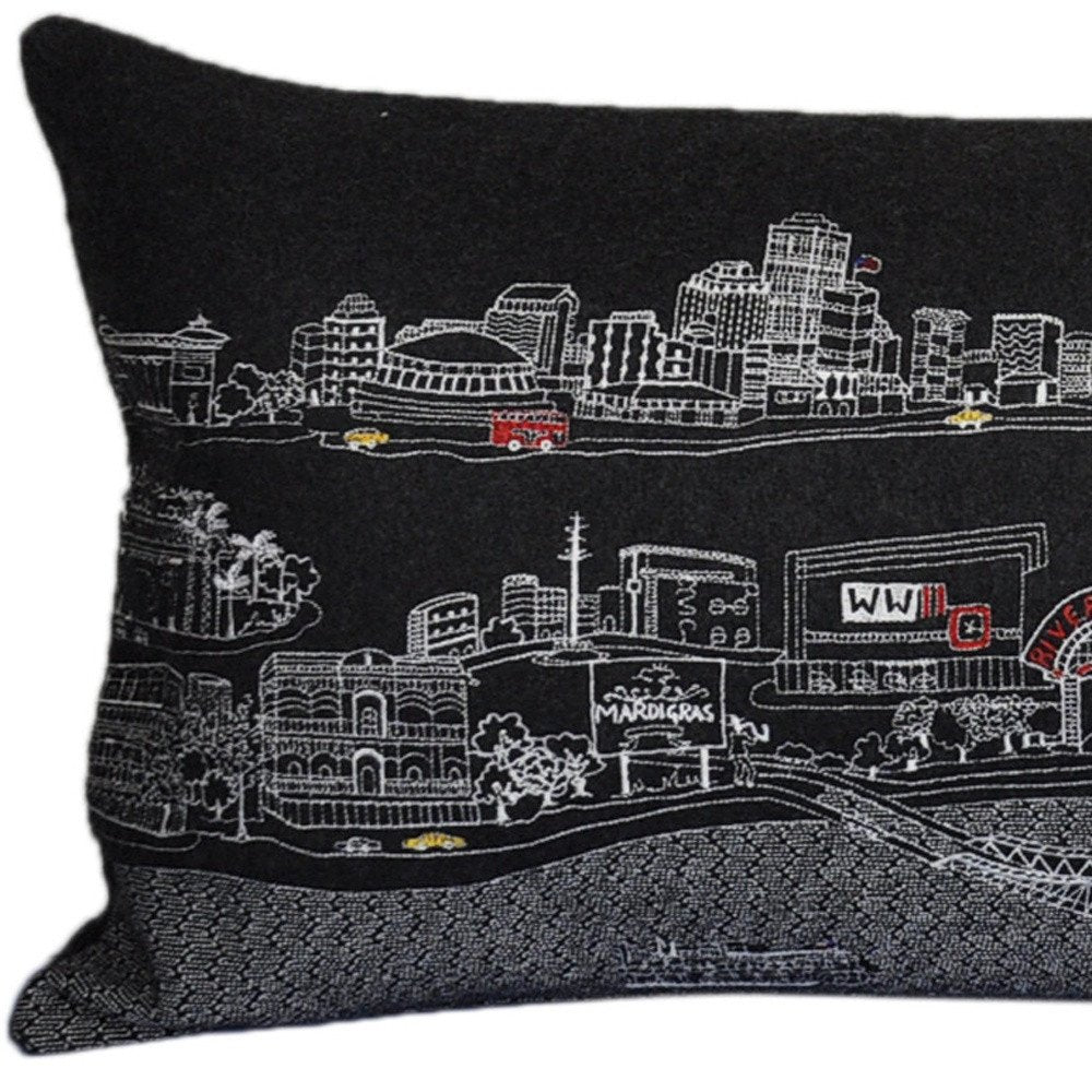 14" X 35" Dark Gray And White New Orleans Nighttime Skyline Lumbar Decorative Pillow