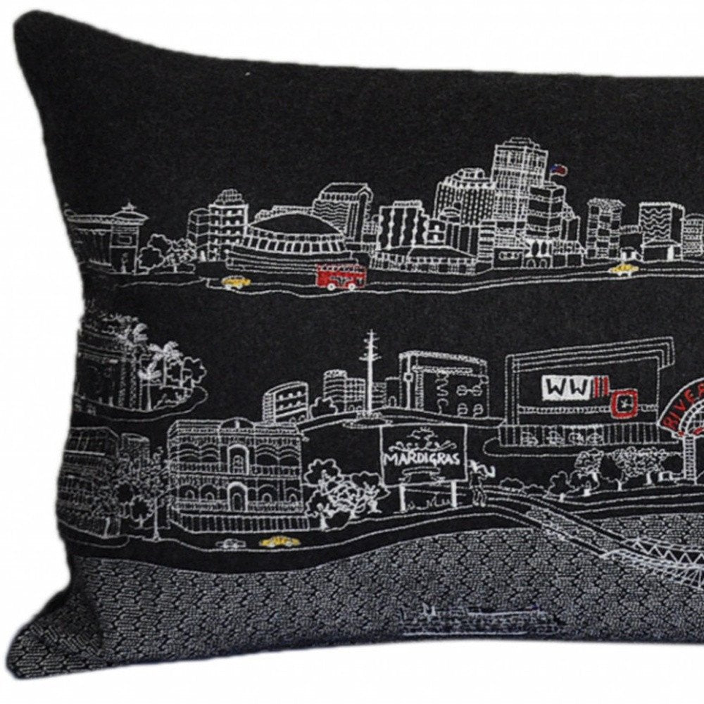 14" X 35" Dark Gray And White New Orleans Nighttime Skyline Lumbar Decorative Pillow
