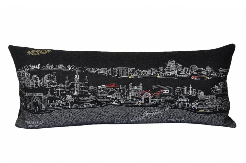14" X 35" Dark Gray And White New Orleans Nighttime Skyline Lumbar Decorative Pillow