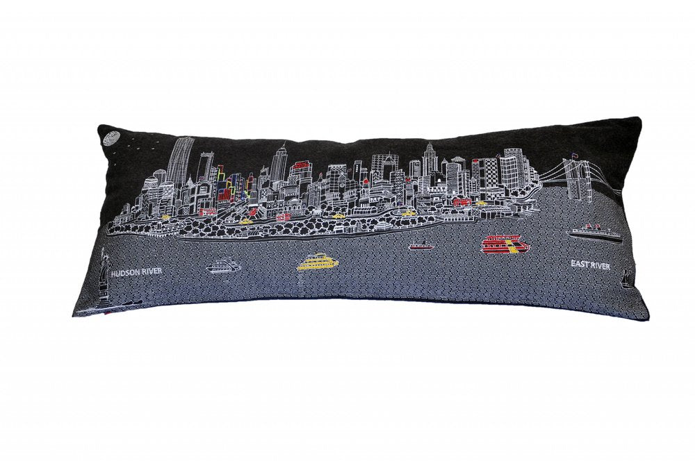 14" X 35" Dark Gray And White NYC Nighttime Skyline Lumbar Decorative Pillow