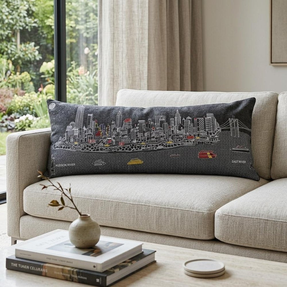 14" X 35" Dark Gray And White NYC Nighttime Skyline Lumbar Decorative Pillow