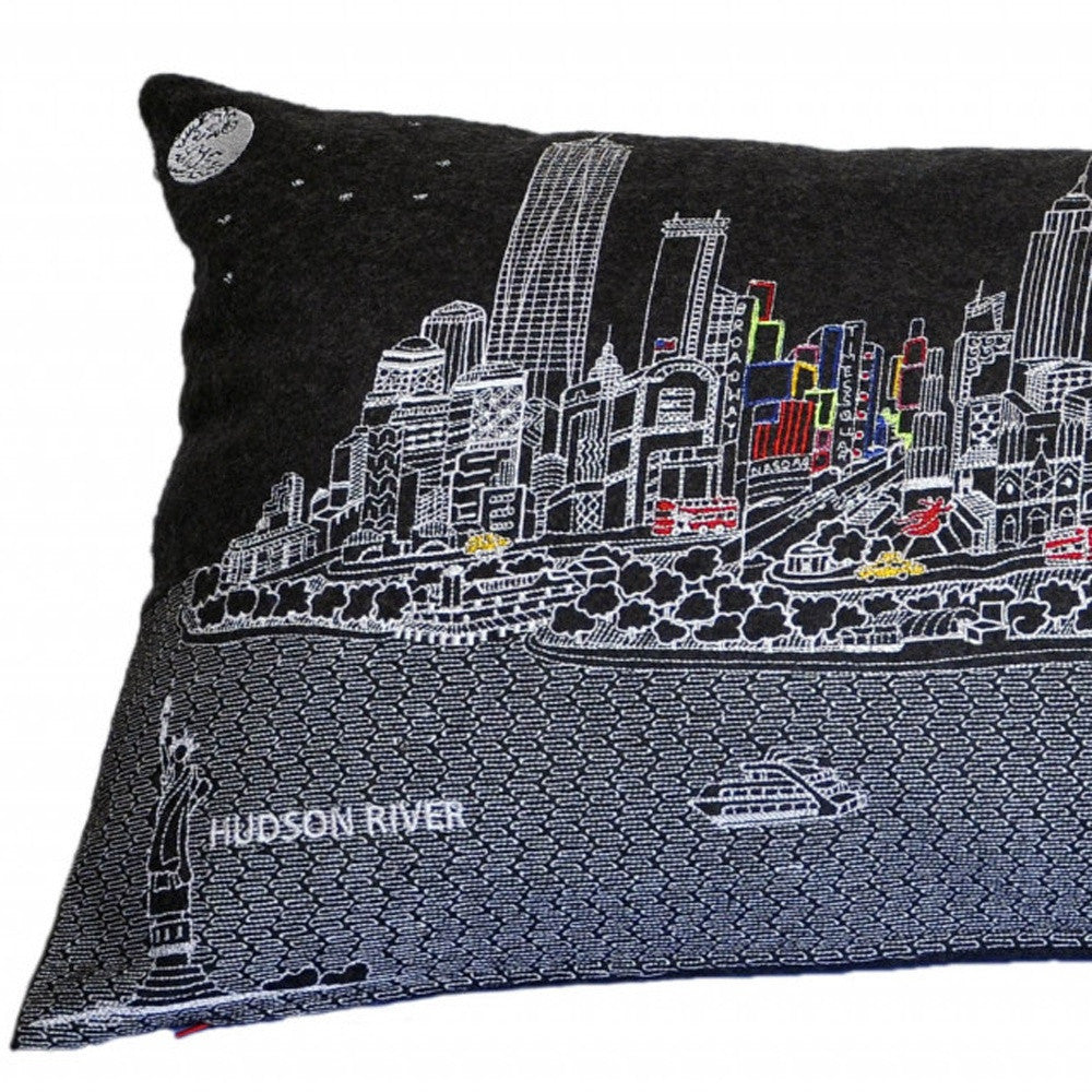 35" Black NYC Nighttime Skyline Lumbar Decorative Pillow