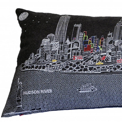 14" X 35" Dark Gray And White NYC Nighttime Skyline Lumbar Decorative Pillow