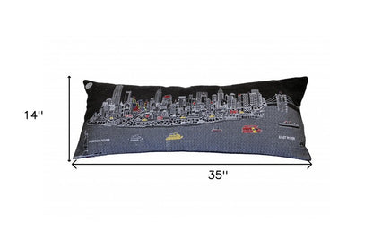 14" X 35" Dark Gray And White NYC Nighttime Skyline Lumbar Decorative Pillow