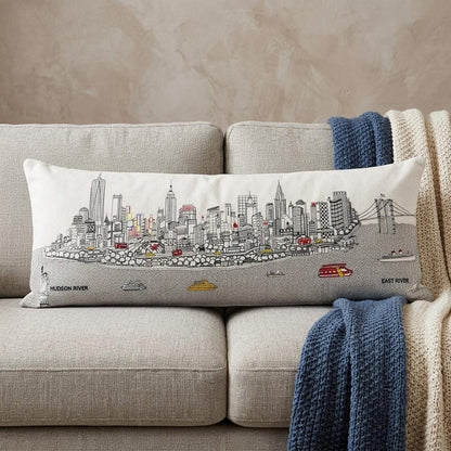 14" X 35" Cream NYC Daylight Skyline Lumbar Decorative Pillow