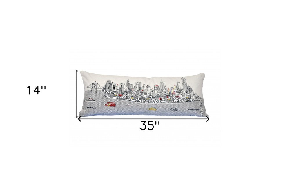 14" X 35" Cream NYC Daylight Skyline Lumbar Decorative Pillow