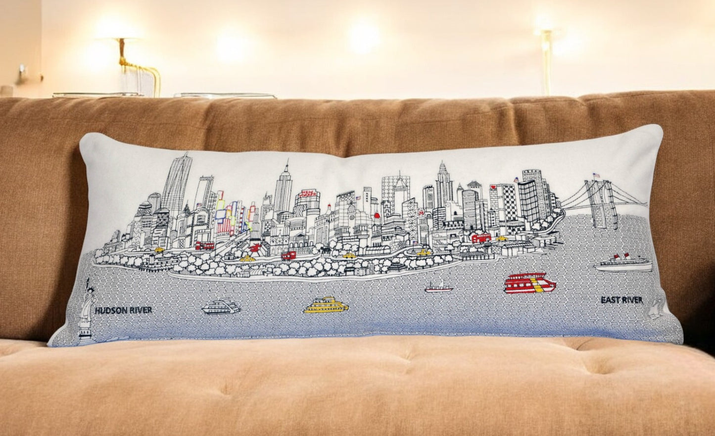 35" White NYC Daylight Skyline Lumbar Decorative Pillow