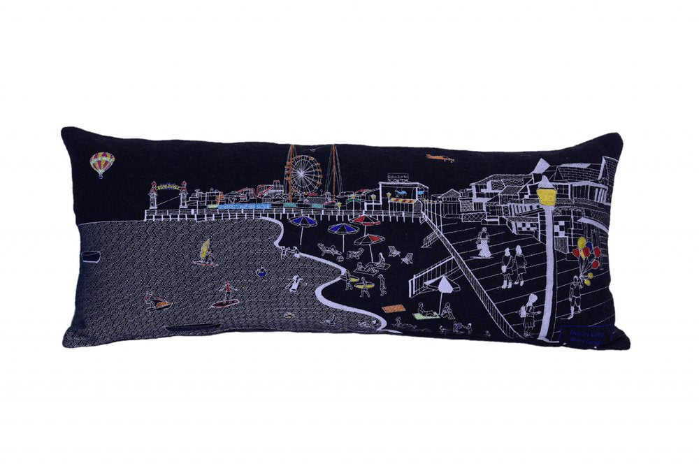 14" X 35" Dark Gray And White Ocean City Nighttime Skyline Lumbar Decorative Pillow