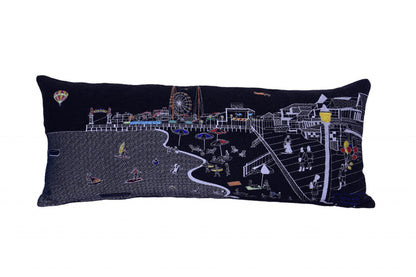 14" X 35" Dark Gray And White Ocean City Nighttime Skyline Lumbar Decorative Pillow