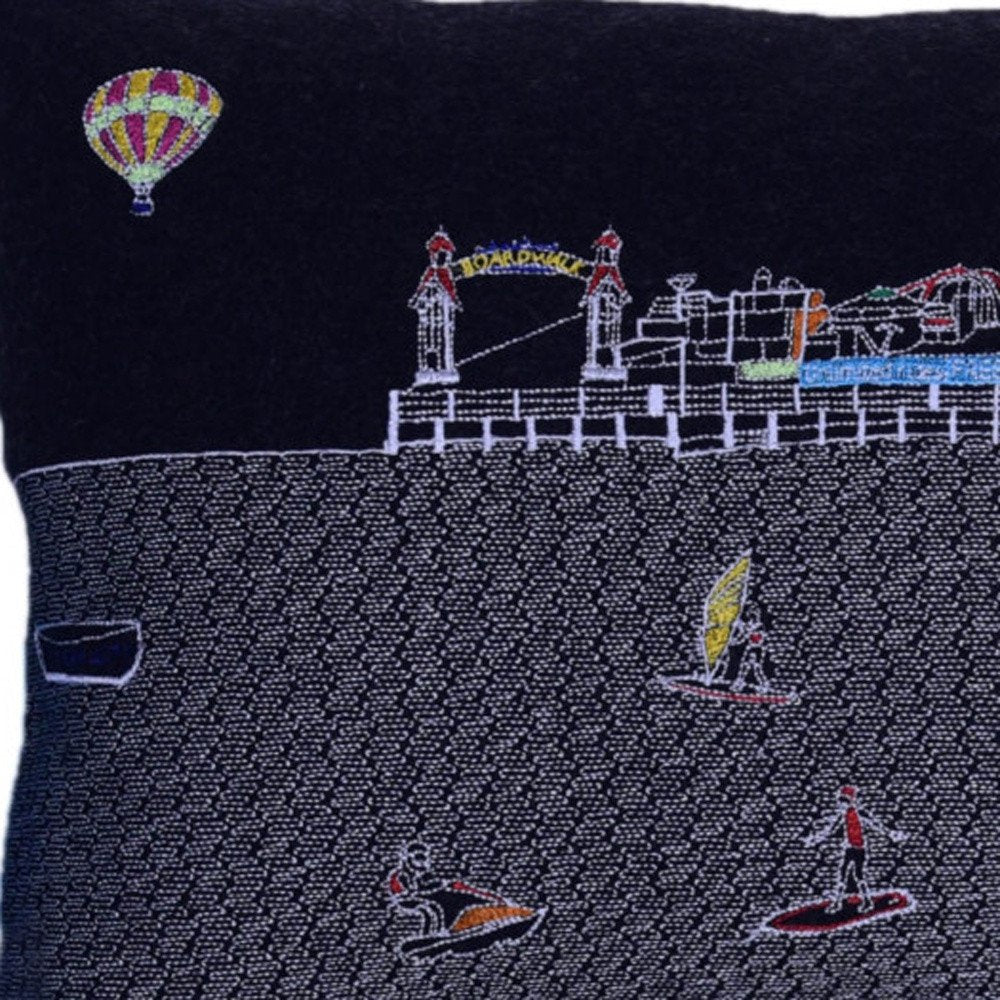 14" X 35" Dark Gray And White Ocean City Nighttime Skyline Lumbar Decorative Pillow